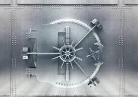 Front  view of light silver bank vault door, closed. 3D Render